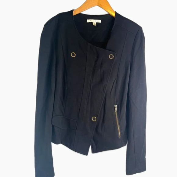 CAbi‎ Black Slant Front Zip Long Sleeve Ponte Cardigan Moto Jacket Sz MD - Picture 1 of 9